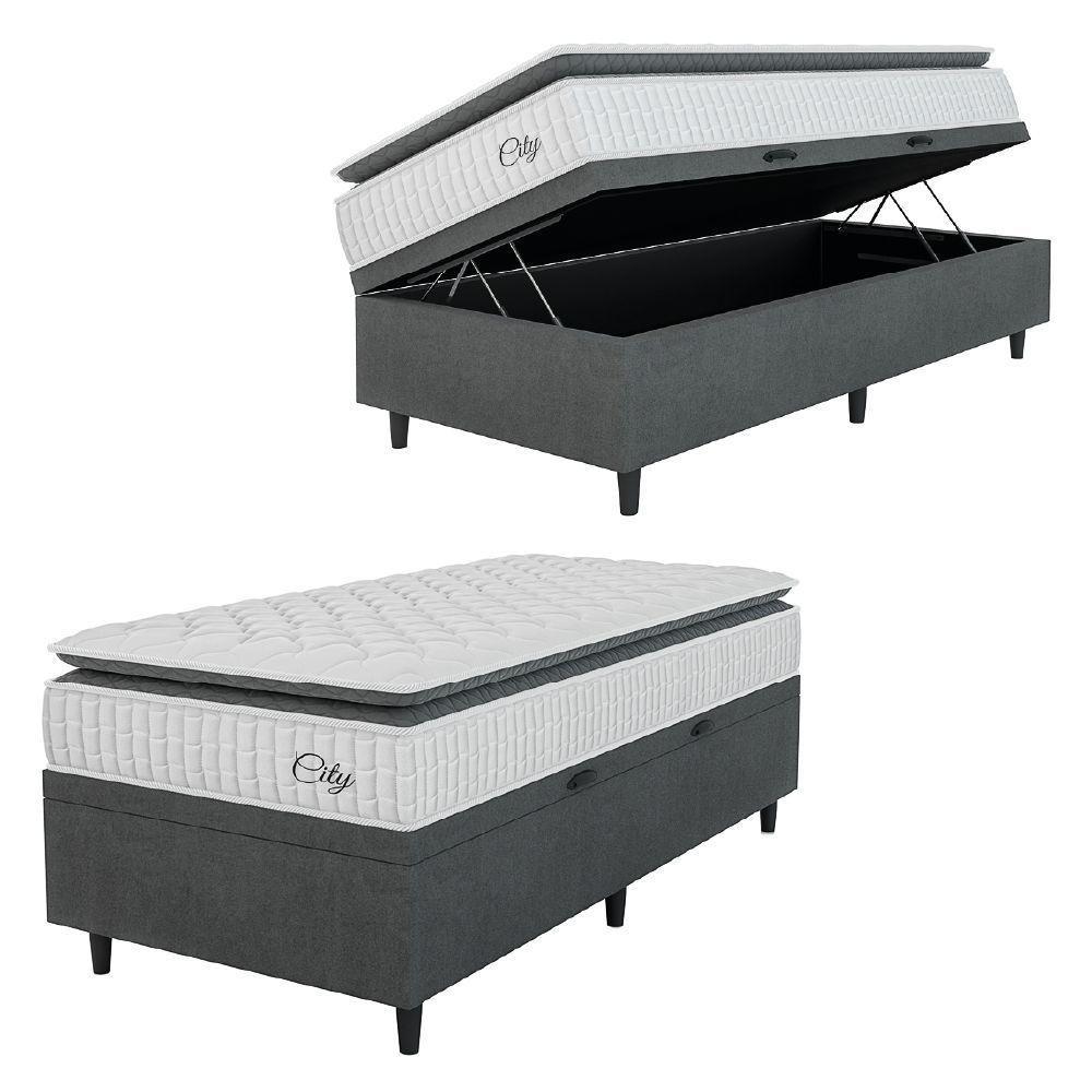 Cama Box Baú Colchão Solteiro Molas Ensacadas City Pillow Top 88x188x64cm Branco-Preto Hellen Suporta até 110kg por Pessoa - 1