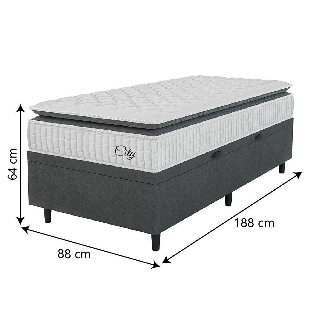 Cama Box Baú Colchão Solteiro Molas Ensacadas City Pillow Top 88x188x64cm Branco-Preto Hellen Suporta até 110kg por Pessoa - 4