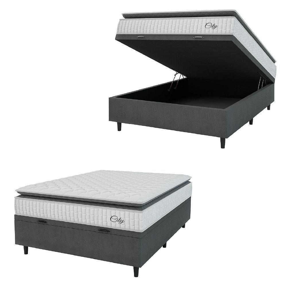 Cama Box Baú Colchão Casal Molas Ensacadas City Pillow Top 138x188x64cm Branco-Preto Hellen Suporta até 110kg por Pessoa - 1