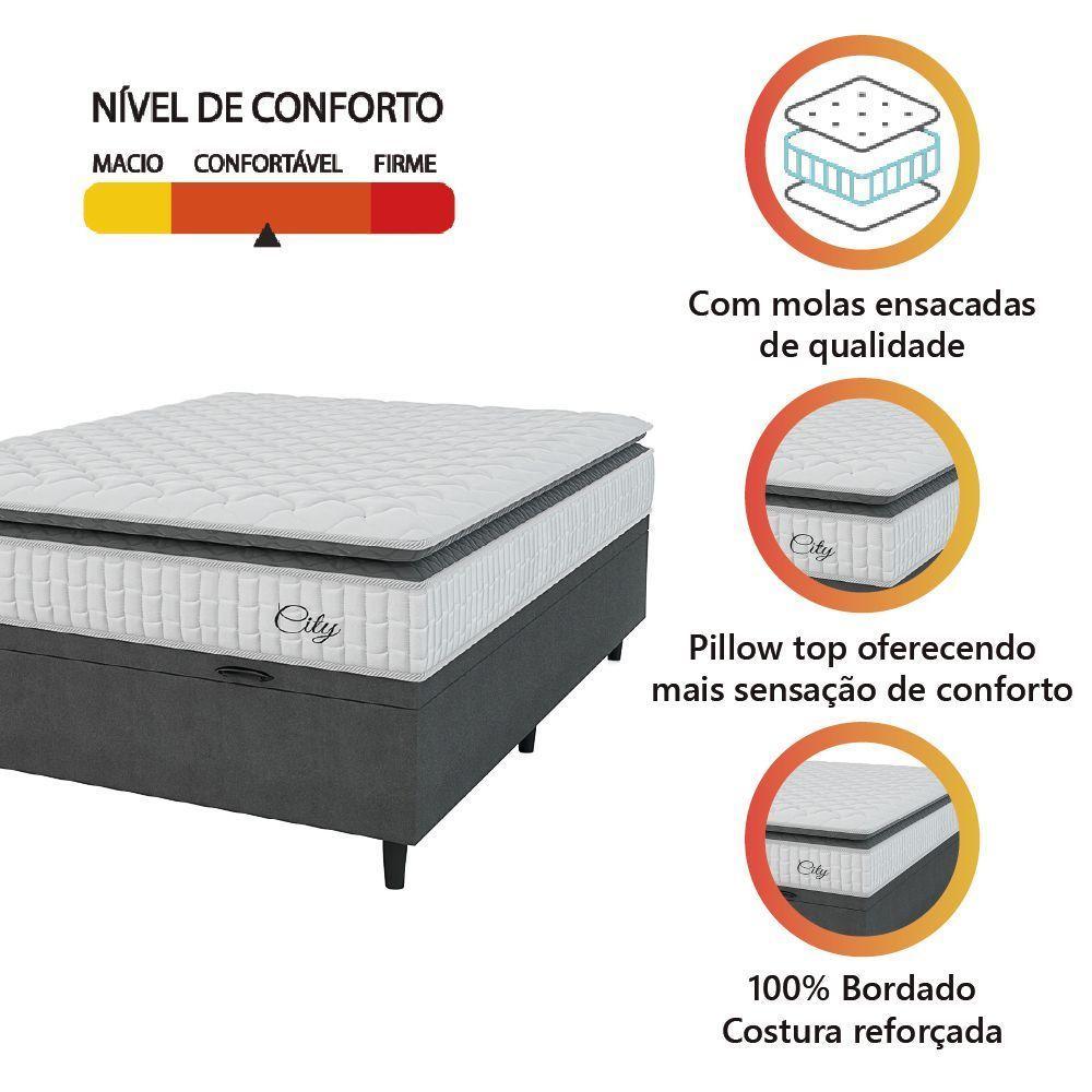 Cama Box Baú Colchão Casal Molas Ensacadas City Pillow Top 138x188x64cm Branco-Preto Hellen Suporta até 110kg por Pessoa - 2