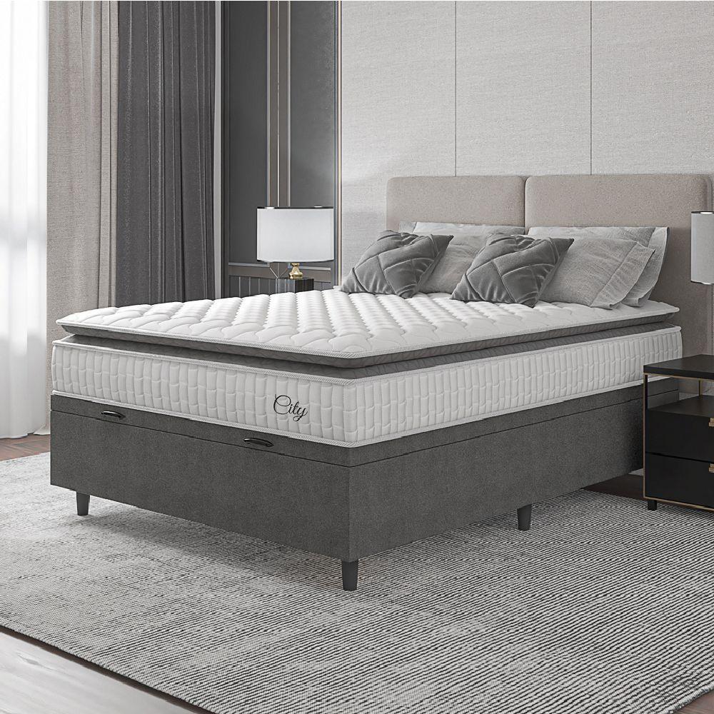 Cama Box Baú Colchão Casal Molas Ensacadas City Pillow Top 138x188x64cm Branco-Preto Hellen Suporta até 110kg por Pessoa - 6