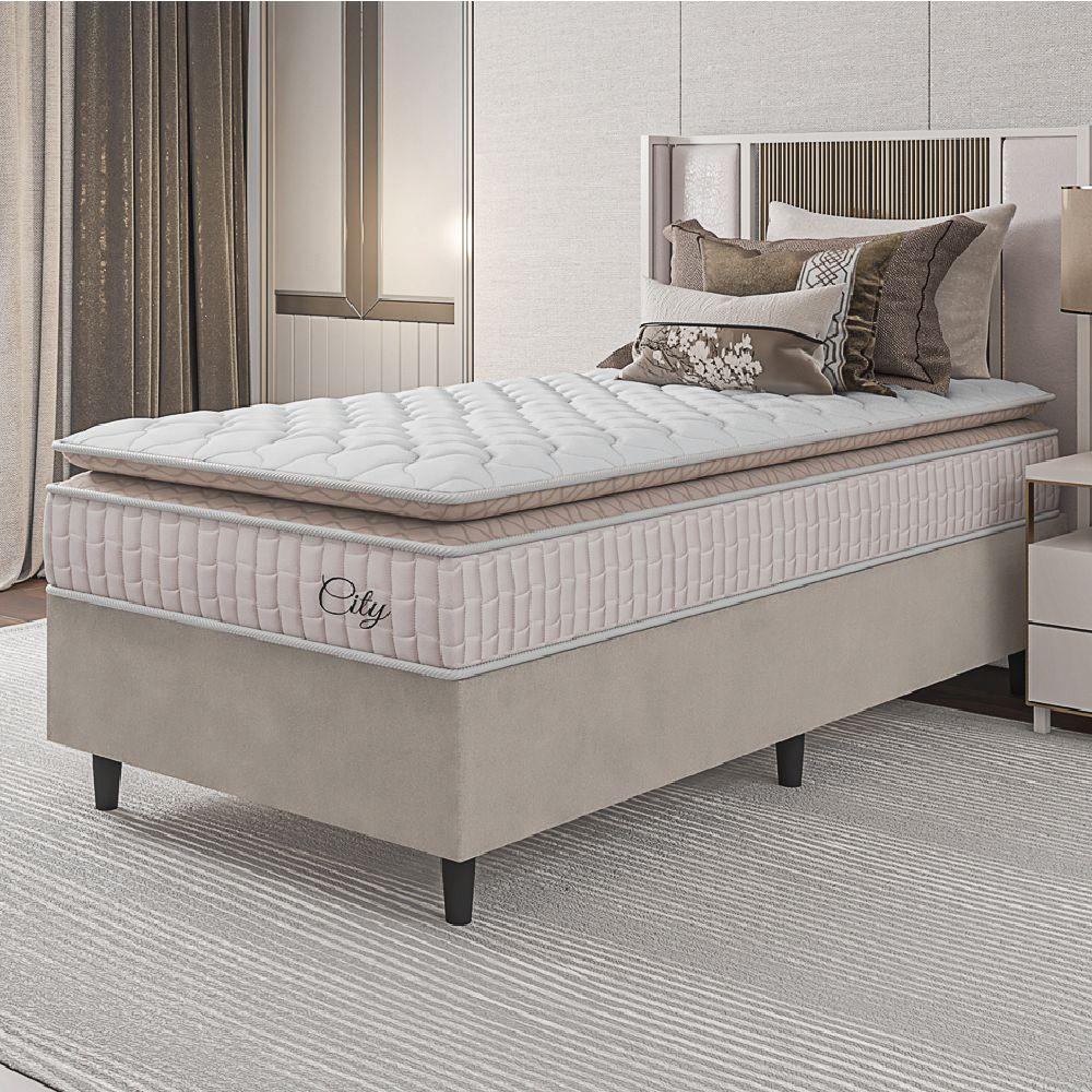 Cama Box Colchão Solteiro Molas Ensacadas City Pillow Top 88x188x61cm Branco-Bege Hellen Suporta até 110kg por Pessoa - 5
