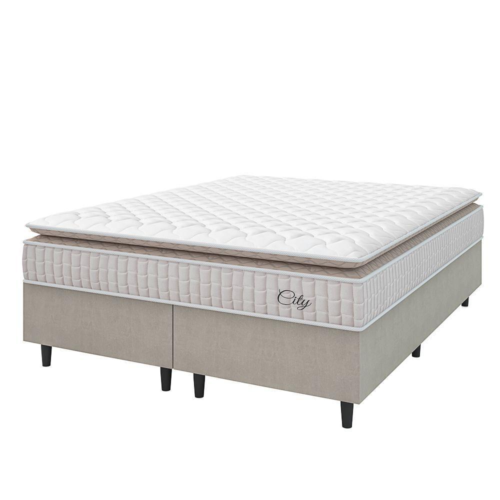 Cama Box Colchão Casal Queen Molas Ensacadas City Pillow Top 158x198x61cm Branco-Bege Hellen Suporta até 110kg por Pessoa - 1