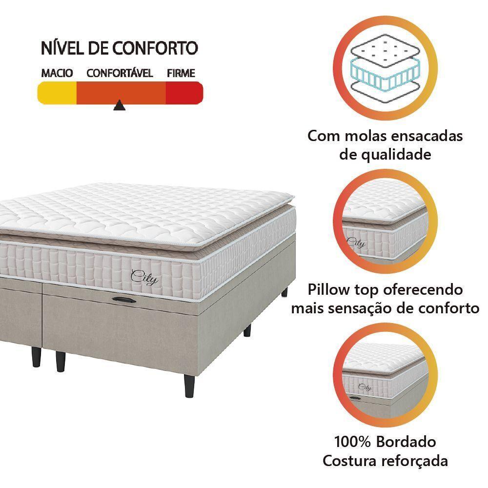 Cama Box Baú Colchão Casal Queen Molas Ensacadas City Pillow Top 158x198x64cm Branco-Bege Hellen Suporta até 110kg por Pessoa - 2