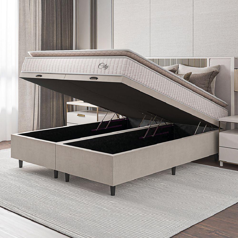 Cama Box Baú Colchão Casal Queen Molas Ensacadas City Pillow Top 158x198x64cm Branco-Bege Hellen Suporta até 110kg por Pessoa - 5