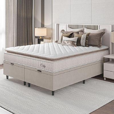 Cama Box Baú Colchão Casal Queen Molas Ensacadas City Pillow Top 158x198x64cm Branco-Bege Hellen Suporta até 110kg por Pessoa