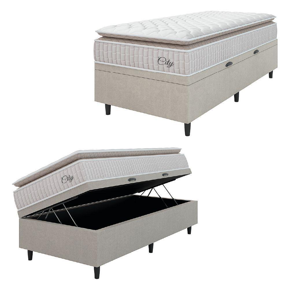 Cama Box Baú Colchão Solteiro Molas Ensacadas City Pillow Top 88x188x64cm Branco-Bege Hellen Suporta até 110kg por Pessoa - 1
