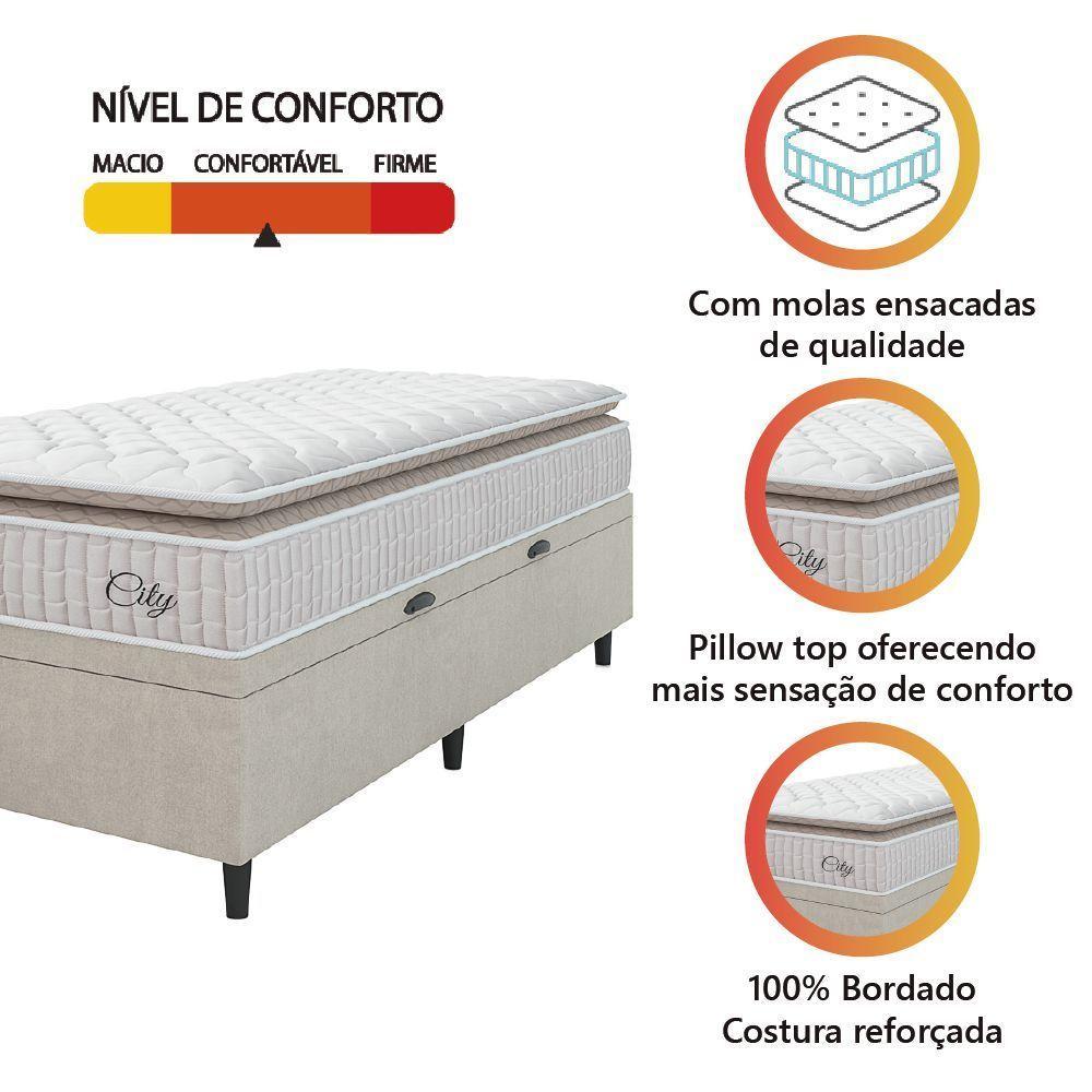Cama Box Baú Colchão Solteiro Molas Ensacadas City Pillow Top 88x188x64cm Branco-Bege Hellen Suporta até 110kg por Pessoa - 2