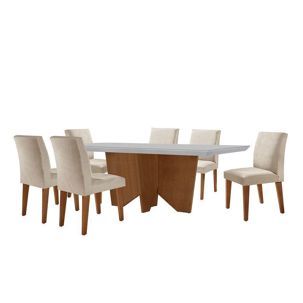 Sala De Jantar Mesa Evora Canto Reto Com 6 Cad Grecia Rufato Vel.creme /off White/imbuia - 6