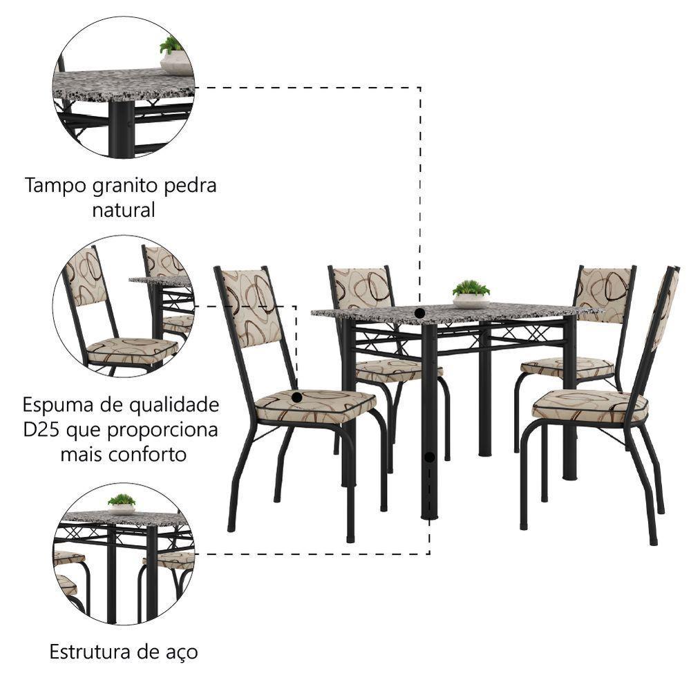 Conjunto Sala de Jantar Mesa Tampo Granito 1,20m com 4 Cadeiras Diana Preto-Cedro Artefamol - 3