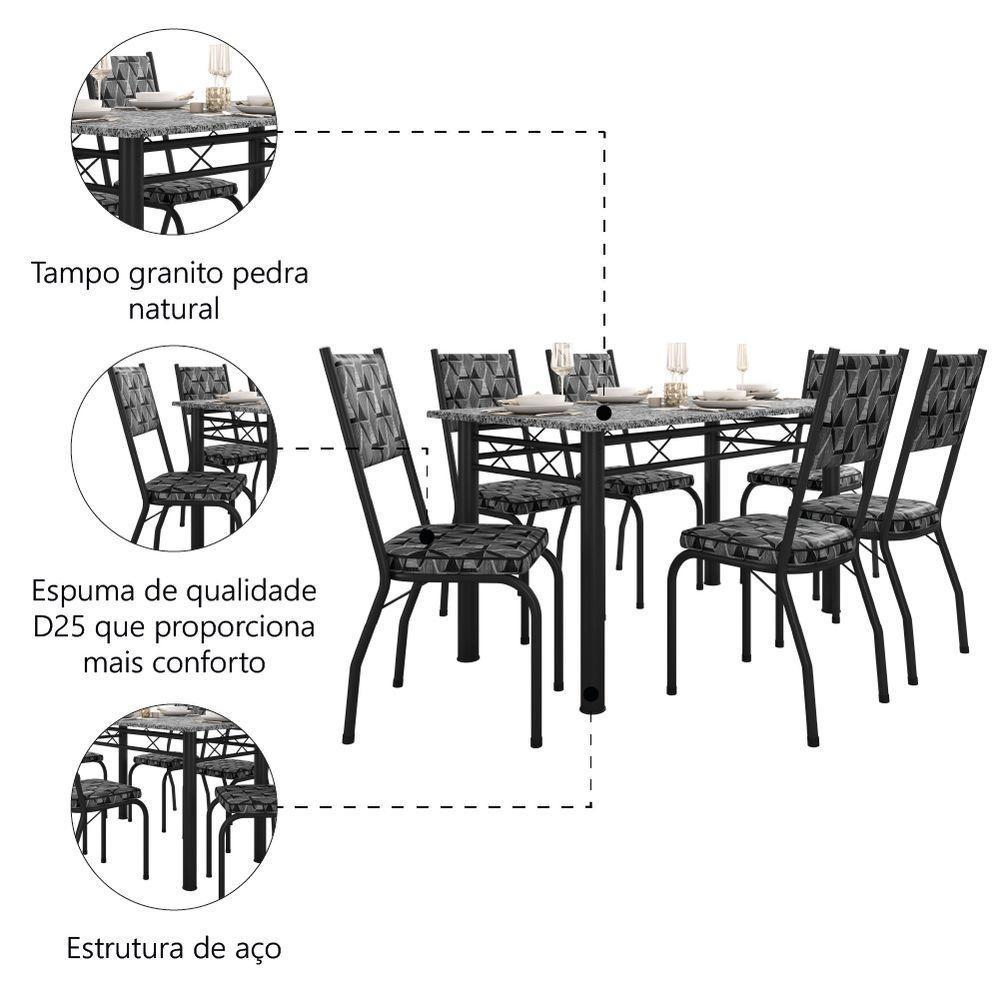 Conjunto Sala de Jantar Mesa Tampo Granito 1,40m com 6 Cadeiras Diana Preto-Mosaico Artefamol - 3