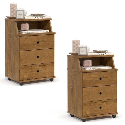 Conjunto De 2 Mesa De Cabeceira Luxo New Com 3 Gavetas Freijo Freijo