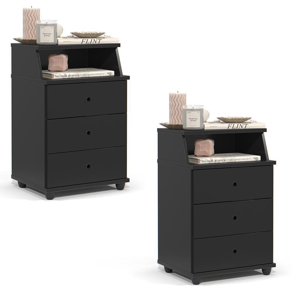 Conjunto De 2 Mesa De Cabeceira Luxo New Com 3 Gavetas Preto Preto - 1