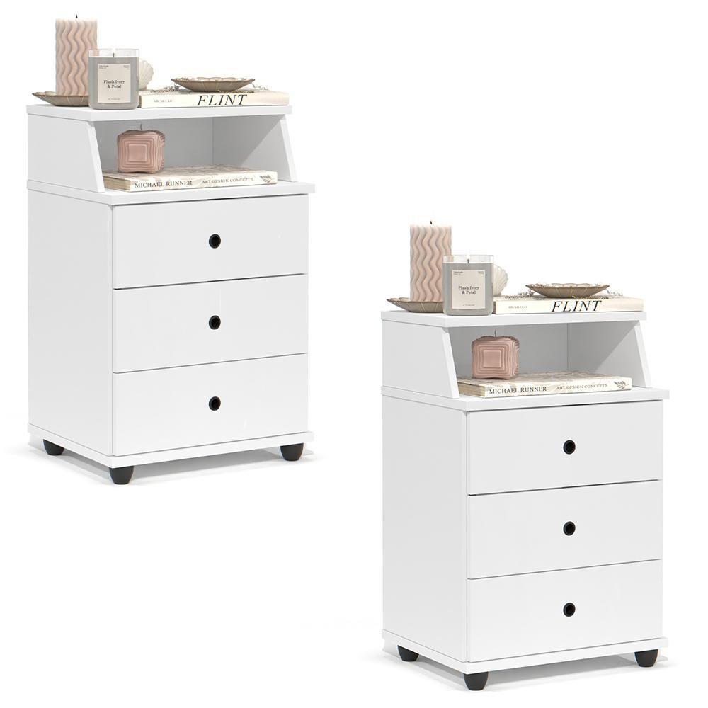 Conjunto De 2 Mesa De Cabeceira Luxo New Com 3 Gavetas Branco Branco - 1