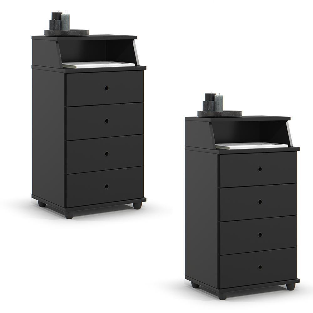 Conjunto De 2 Mesa De Cabeceira Luxo Ii New Com 4 Gavetas Preto Preto - 1
