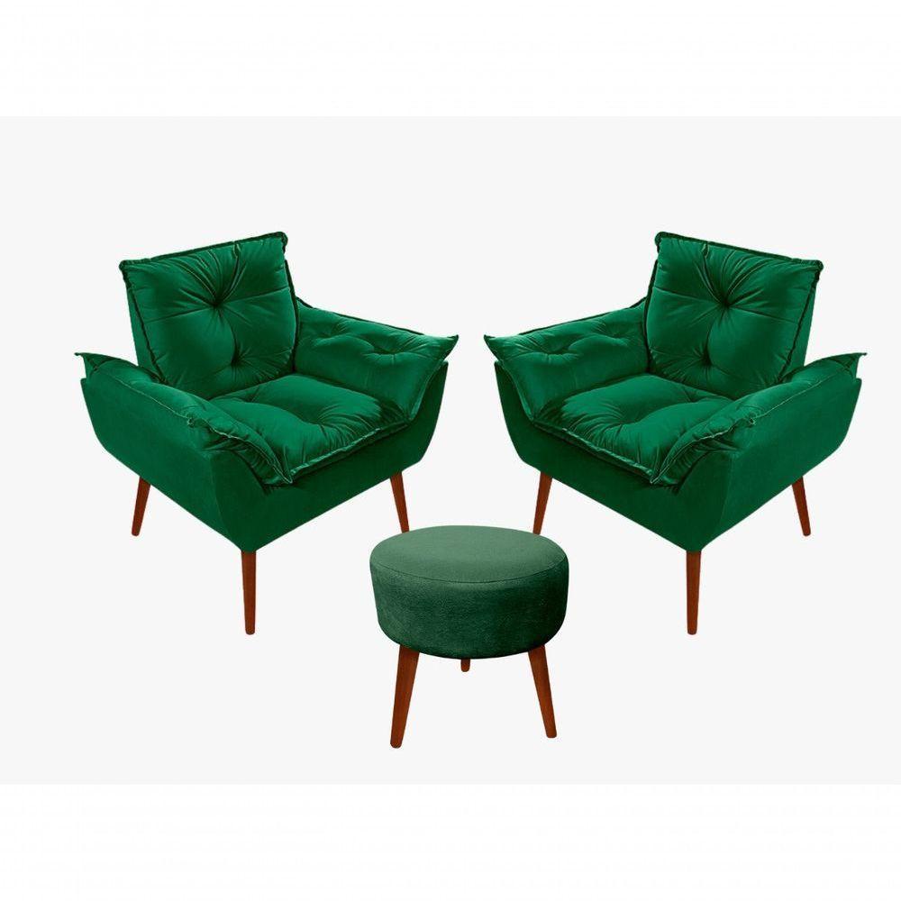 Kit C-02 Poltronas Opala + 01 Puff Redondo Danny Suede Verde - 1