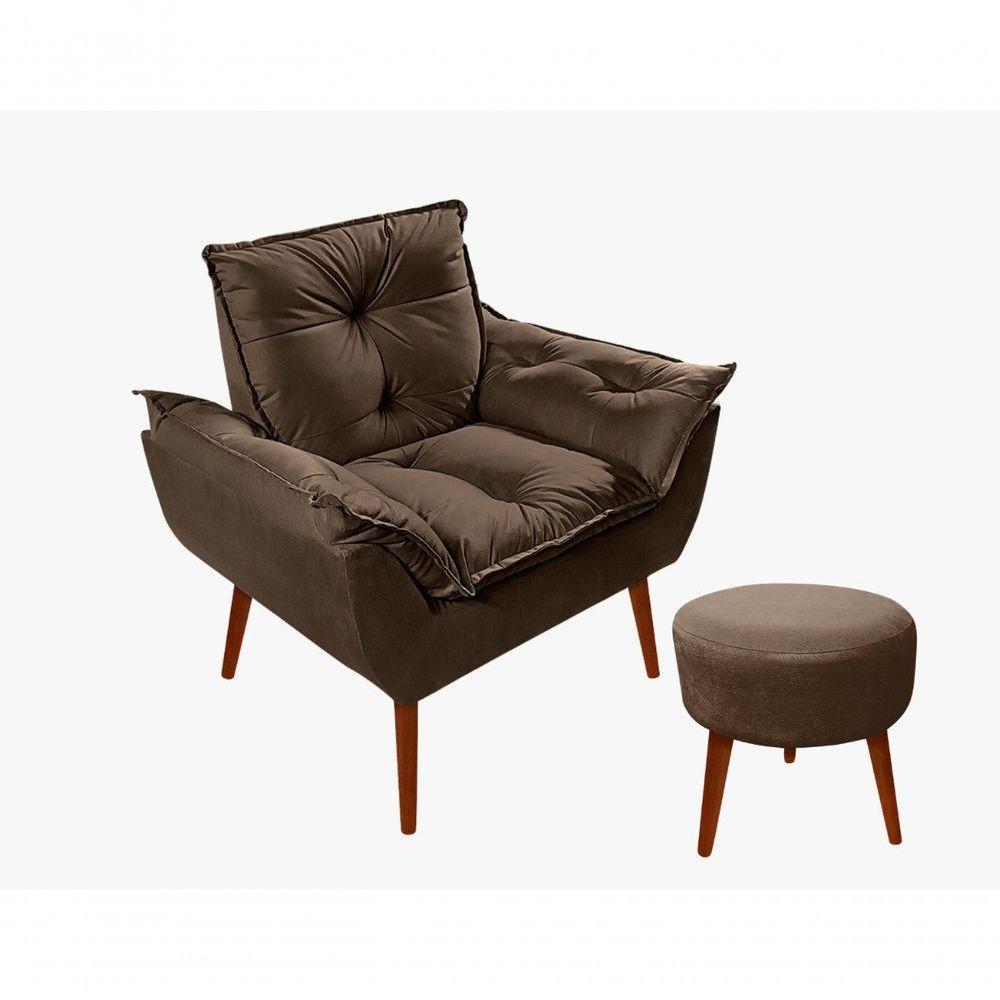 Kit C-01 Poltrona Opala + 01 Puff Redondo Danny Suede Marrom - 1