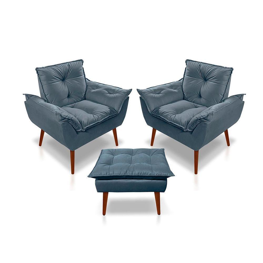 Kit C-2 Poltrona Opalas + 01 Puff Opala Elegante Suede Azul Turquesa - 1