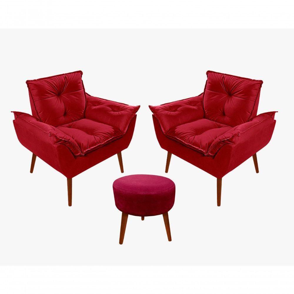 Kit C-02 Poltronas Opala + 01 Puff Redondo Danny Suede Vermelho - 1