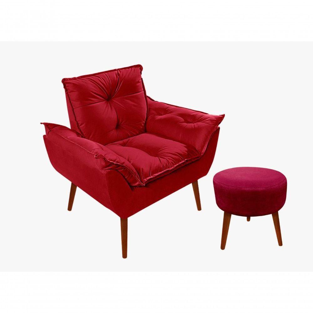 Kit C-01 Poltrona Opala + 01 Puff Redondo Danny Suede Vermelho - 1