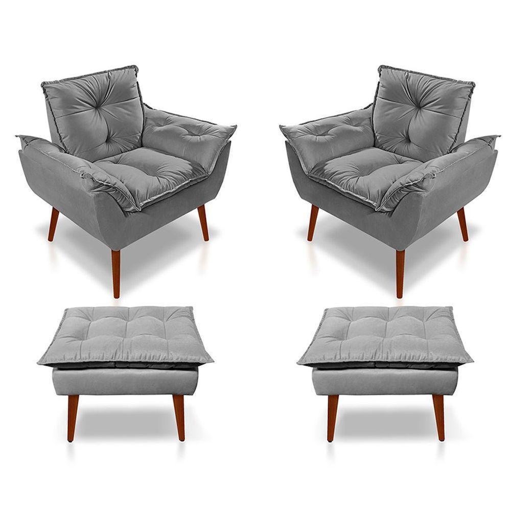 Kit C-02 Poltronas Opala + 02 Puff Opala Elegante Suede Cinza Claro - 1