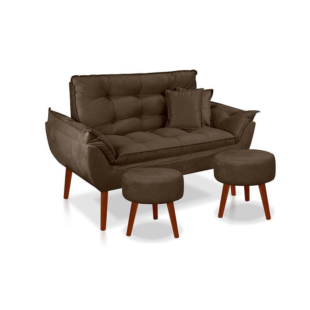 Kit C- 01 Namoradeira Opala + 02 Puffs Redondo Danny + 02 Almofadas Suede Marrom - 1