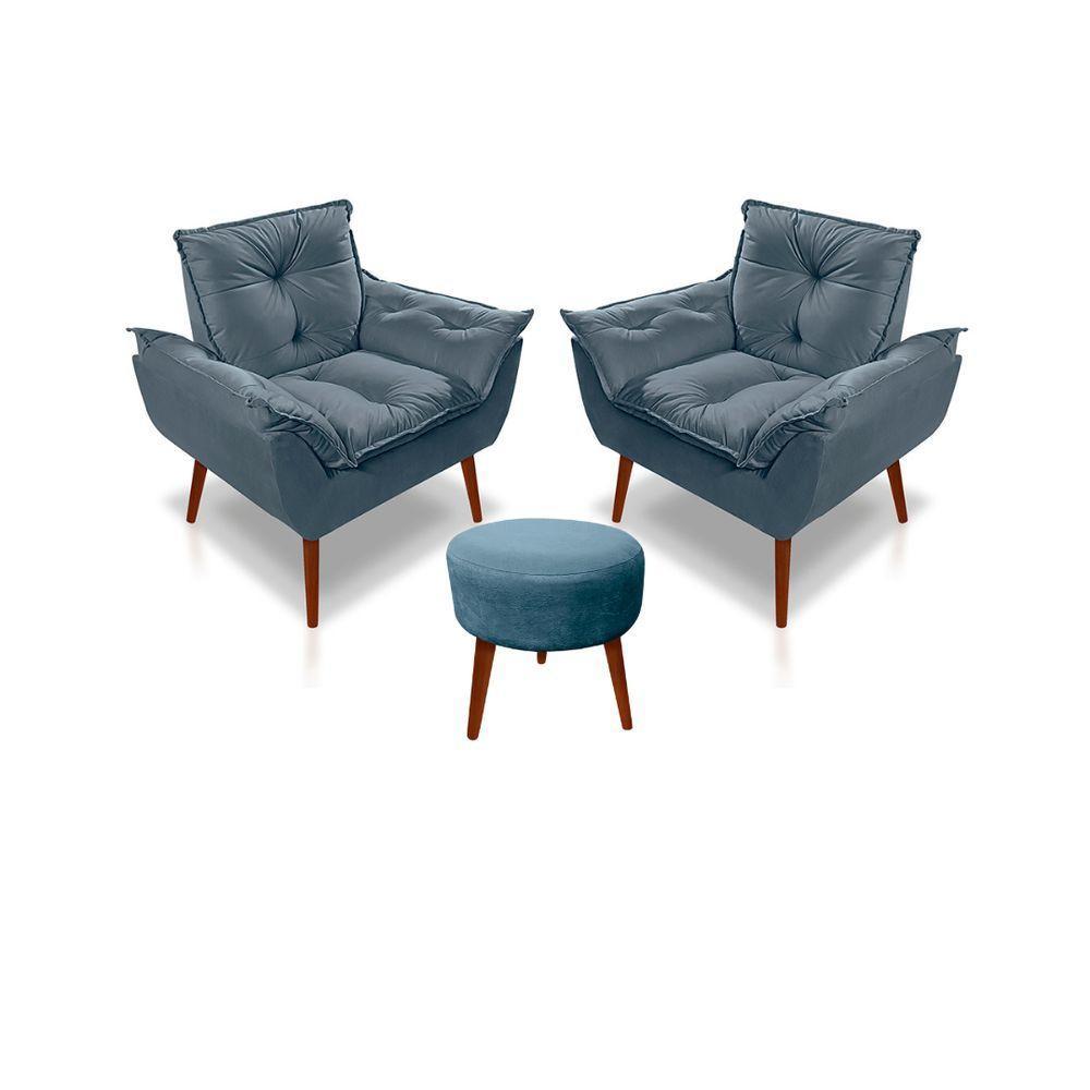 Kit C-02 Poltronas Opala + 01 Puff Redondo Danny Suede Azul Turquesa - 1