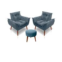 Kit C-02 Poltronas Opala + 01 Puff Redondo Danny Suede Azul Turquesa - 1