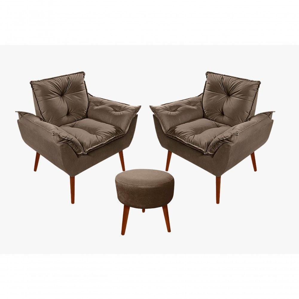 Kit C-02 Poltronas Opala + 01 Puff Redondo Danny Suede Marrom - 1