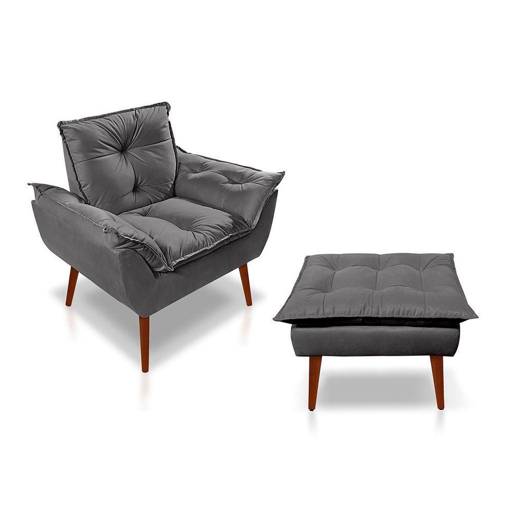 Kit C- 01 Poltrona Opala + 01 Puff Opala Elegante Suede Cinza Escuro - 1