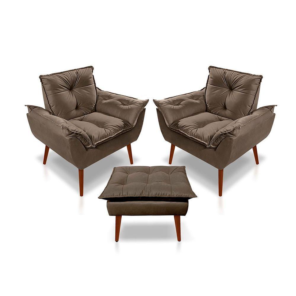 Kit C-2 Poltronas Opala + 01 Puff Opala Elegante Suede Marrom - 1