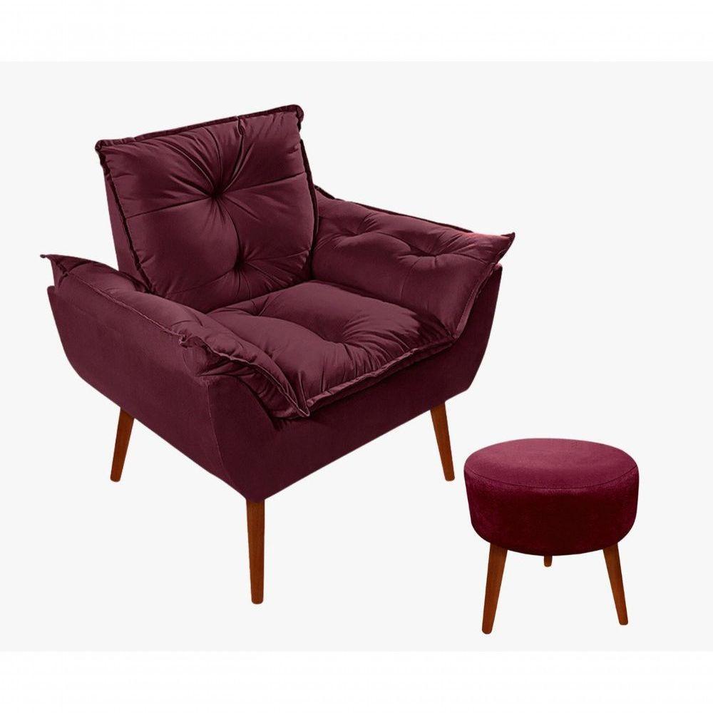 Kit C-01 Poltrona Opala + 01 Puff Redondo Danny Suede Bordô - 1