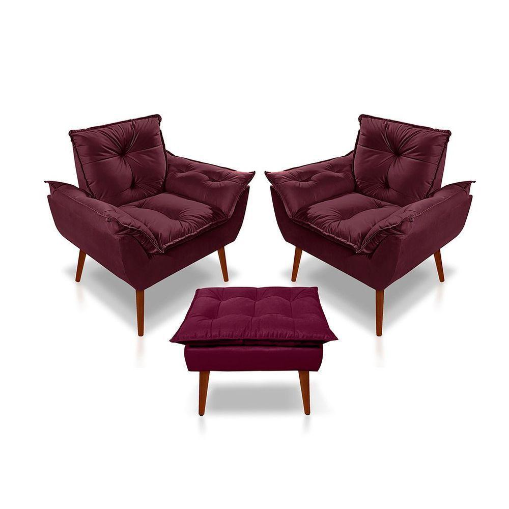Kit C-2 Poltronas Opala + 01 Puff Opala Elegante Suede Bordo - 1