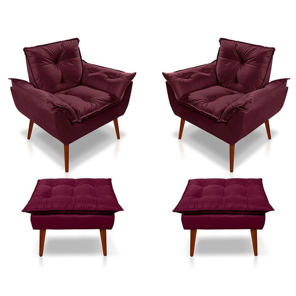 Kit C-02 Poltronas Opala + 02 Puff Opala Elegante Suede Bordo - 1