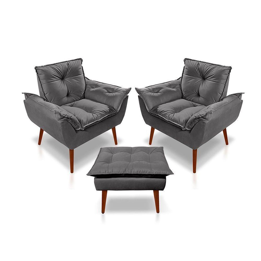 Kit C-2 Poltronas Opala + 01 Puff Opala Elegante Suede Cinza Escuro - 1