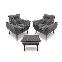 Kit C-2 Poltronas Opala + 01 Puff Opala Elegante Suede Cinza Escuro - 1