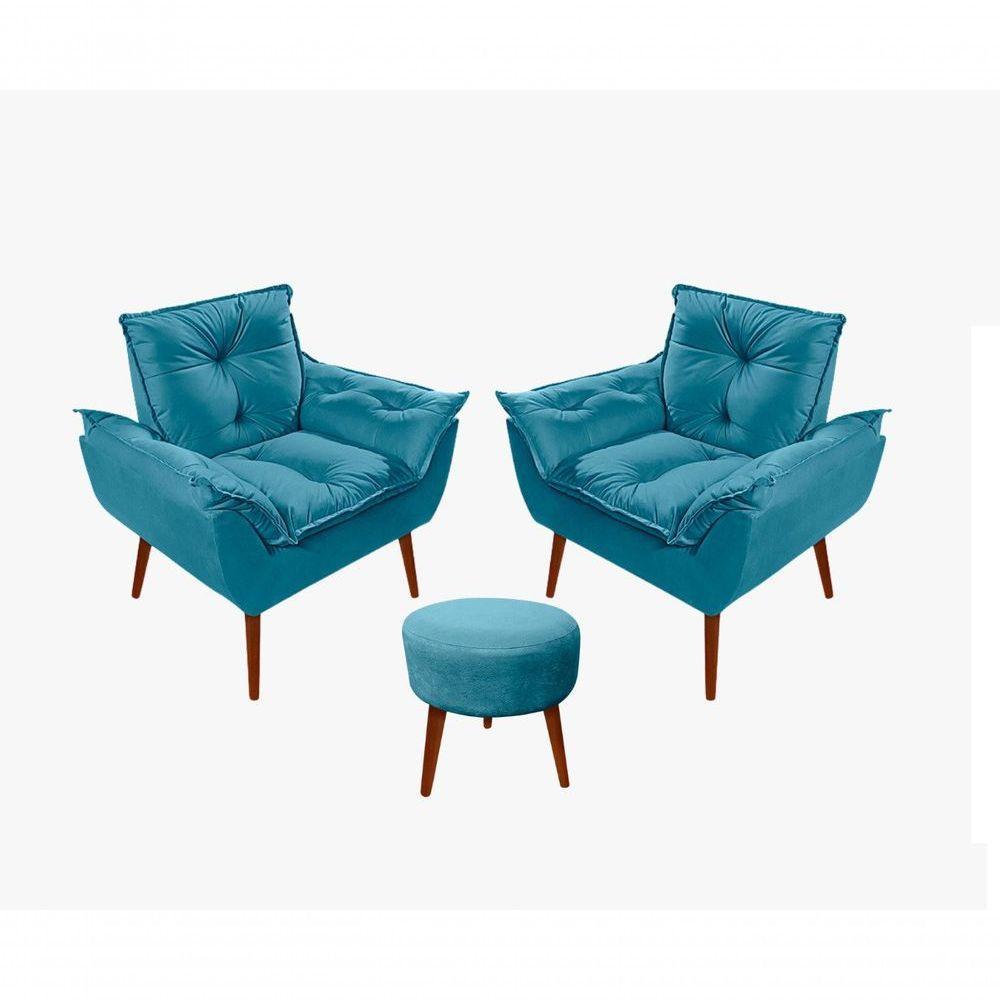 Kit C-02 Poltronas Opala + 01 Puff Redondo Danny Suede Azul Tiffany - 1