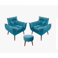 Kit C-02 Poltronas Opala + 01 Puff Redondo Danny Suede Azul Tiffany - 1