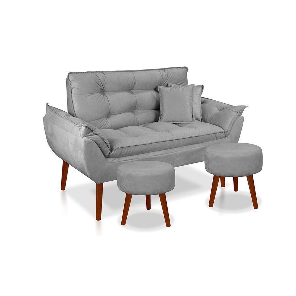 Kit C- 01 Namoradeira Opala + 02 Puffs Redondo Danny + 02 Almofadas Suede Cinza Claro - 1