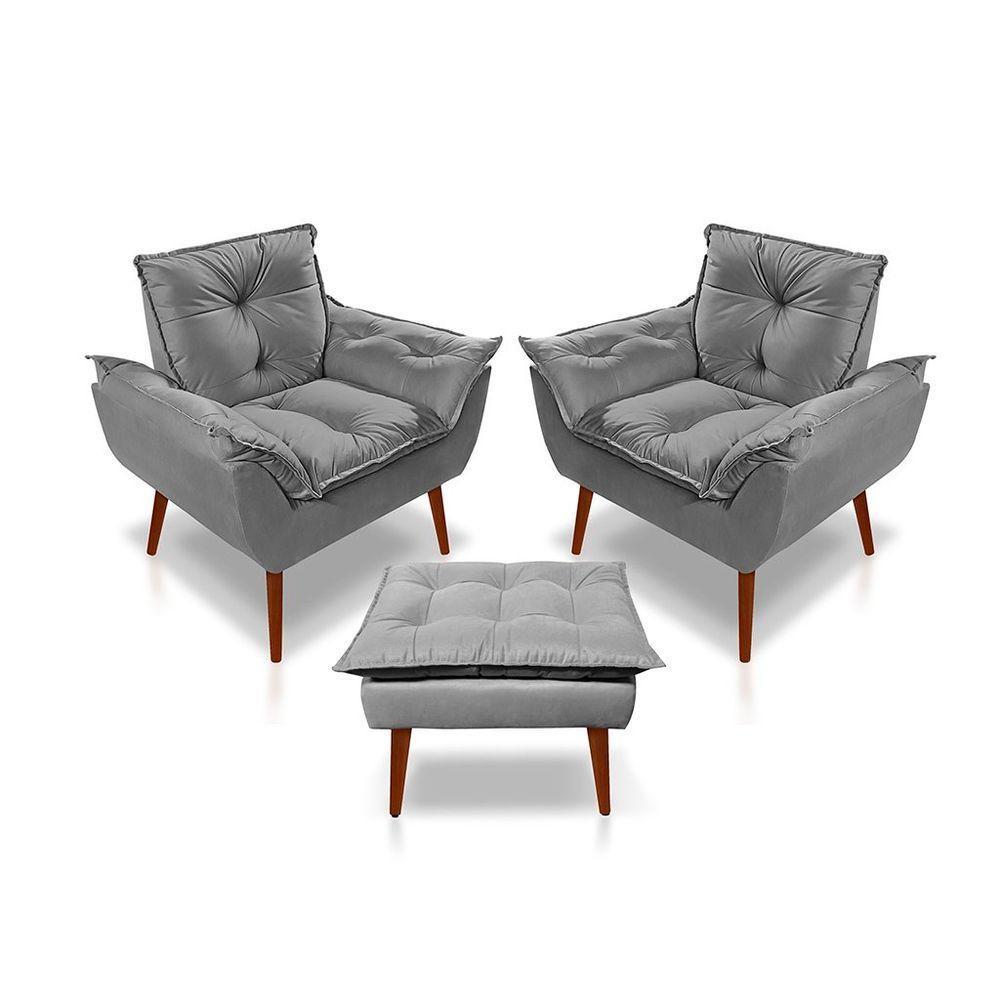 Kit C-2 Poltronas Opala + 01 Puff Opala Elegante Suede Cinza Claro - 1