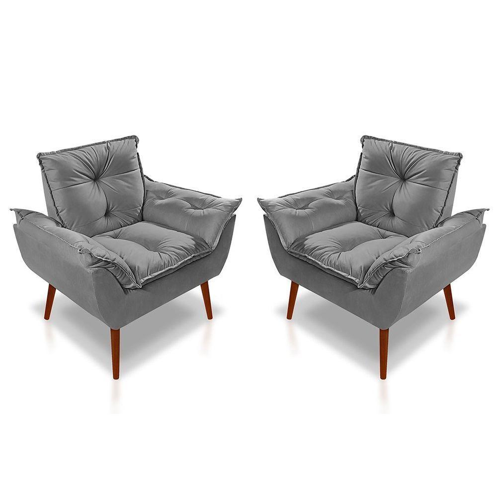 Kit C-2 Poltronas Opala + 01 Puff Opala Elegante Suede Cinza Claro - 6