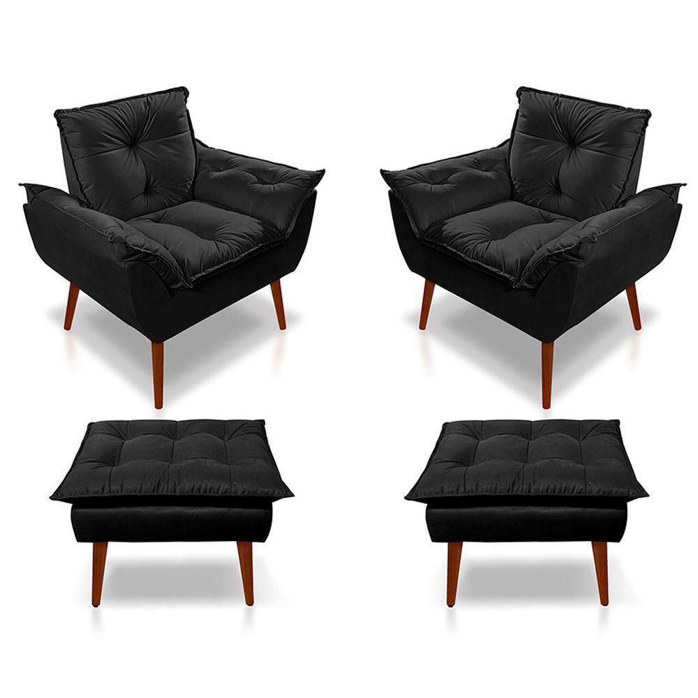 Kit C-02 Poltronas Opala + 02 Puff Opala Elegante Suede Preto - 1