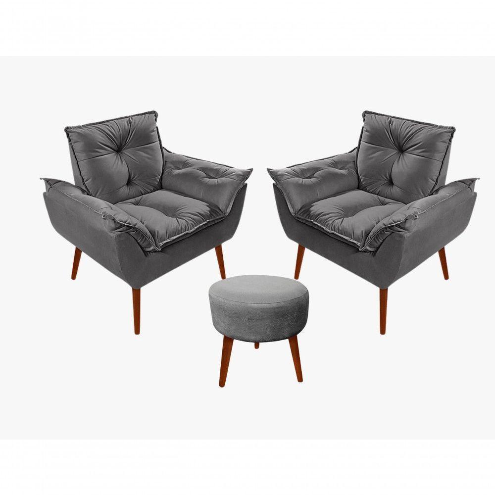 Kit C-02 Poltronas Opala + 01 Puff Redondo Danny Suede Cinza Escuro - 1