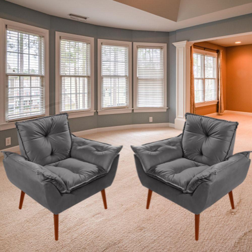 Kit C-02 Poltronas Opala + 01 Puff Redondo Danny Suede Cinza Escuro - 6