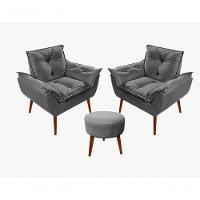 Kit C-02 Poltronas Opala + 01 Puff Redondo Danny Suede Cinza Escuro - 1