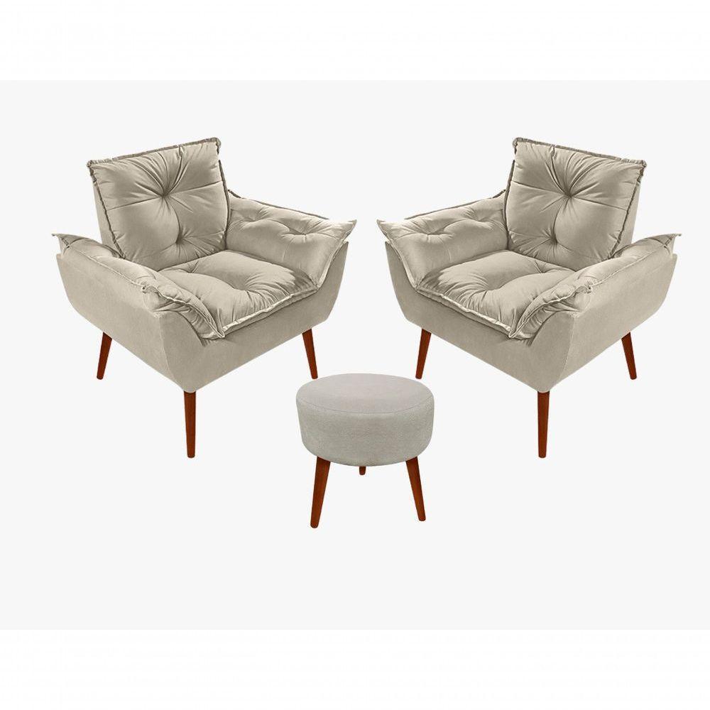 Kit C-02 Poltronas Opala + 01 Puff Redondo Danny Suede Bege - 1