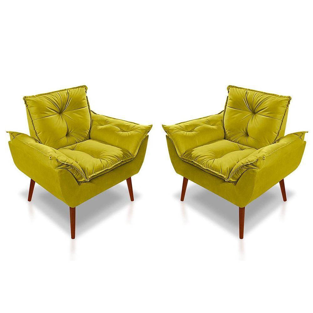 Kit C-2 Poltronas Opala + 01 Puff Opala Elegante Suede Amarelo - 6