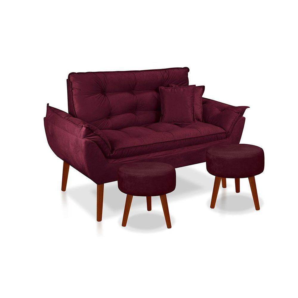 Kit C- 01 Namoradeira Opala + 02 Puffs Redondo Danny + 02 Almofadas Suede Bordô - 1