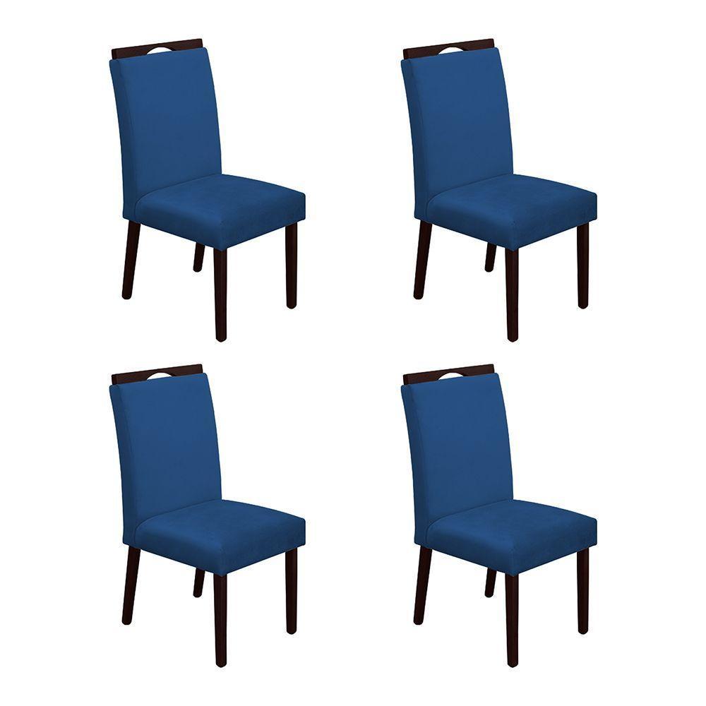 Kit 4 Cadeiras De Jantar Madeira Maciça Castanho Premium Heloísa Veludo Azul - Cor: Azul - 1
