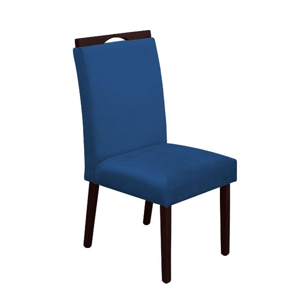 Kit 4 Cadeiras De Jantar Madeira Maciça Castanho Premium Heloísa Veludo Azul - Cor: Azul - 4